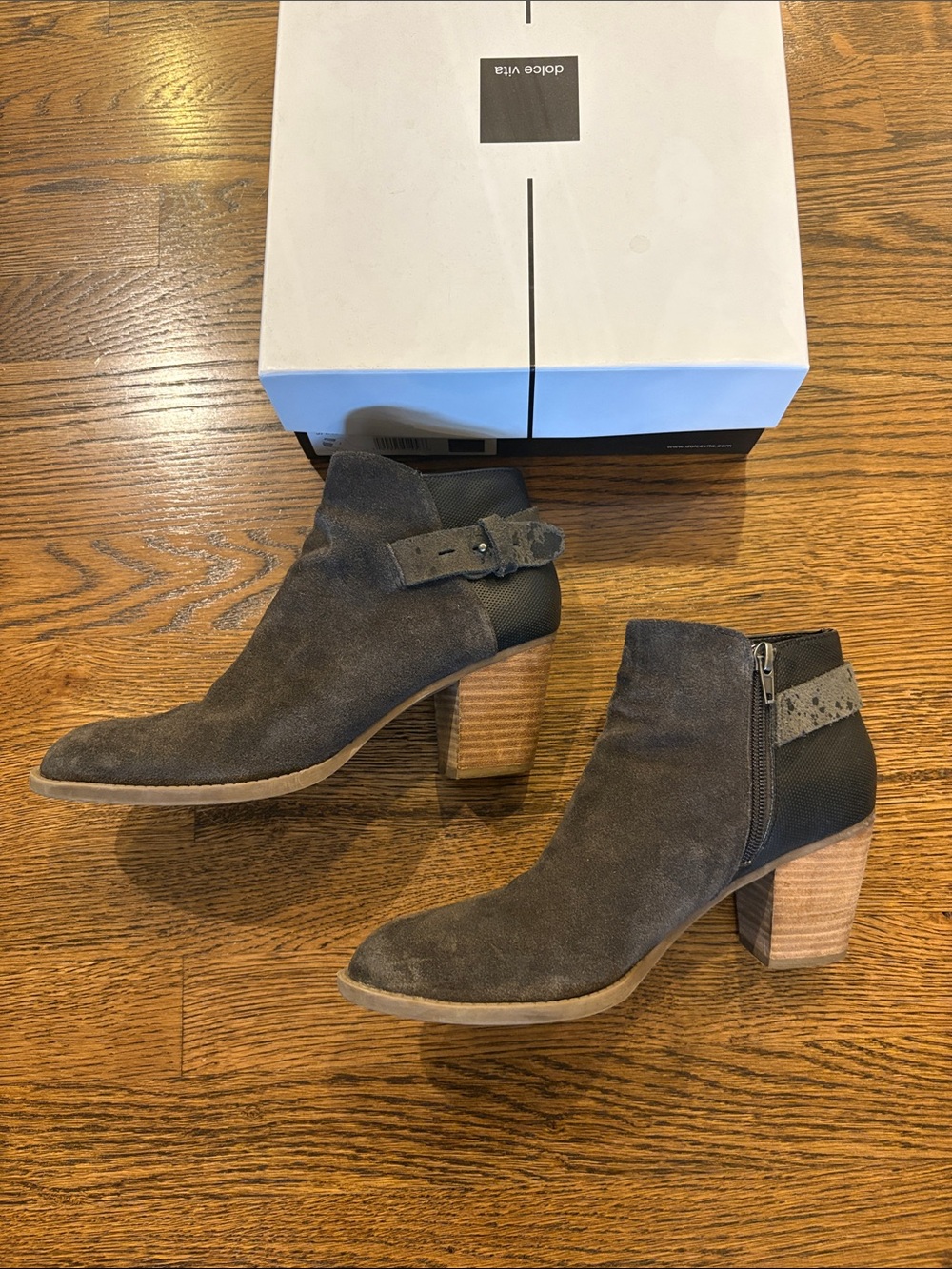 Dolce Vita Jakub Dark charcoal Suede Ankle Booties with Wood Block Heel, 8.5